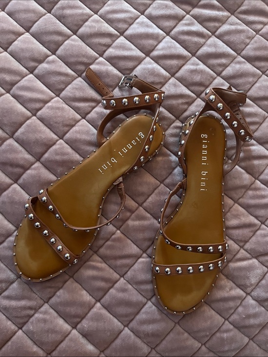 Gianni Bini Shoes - Gianni Bini Tan Leather Studded Ankle-Strap Sandals
